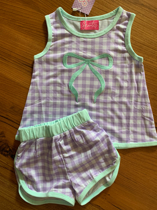 “All the Bows” purple gingham short set